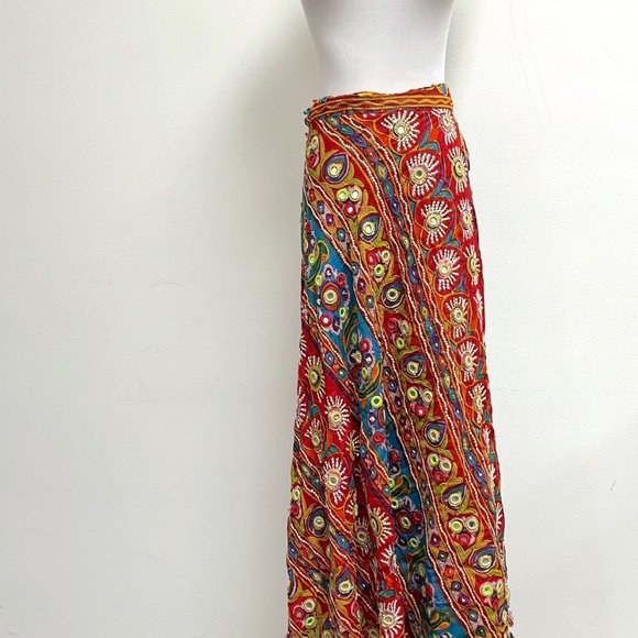 Soft Surroundings bohemian wrap maxi skirt beaded mirrors red gold L India - Picture 1 of 8